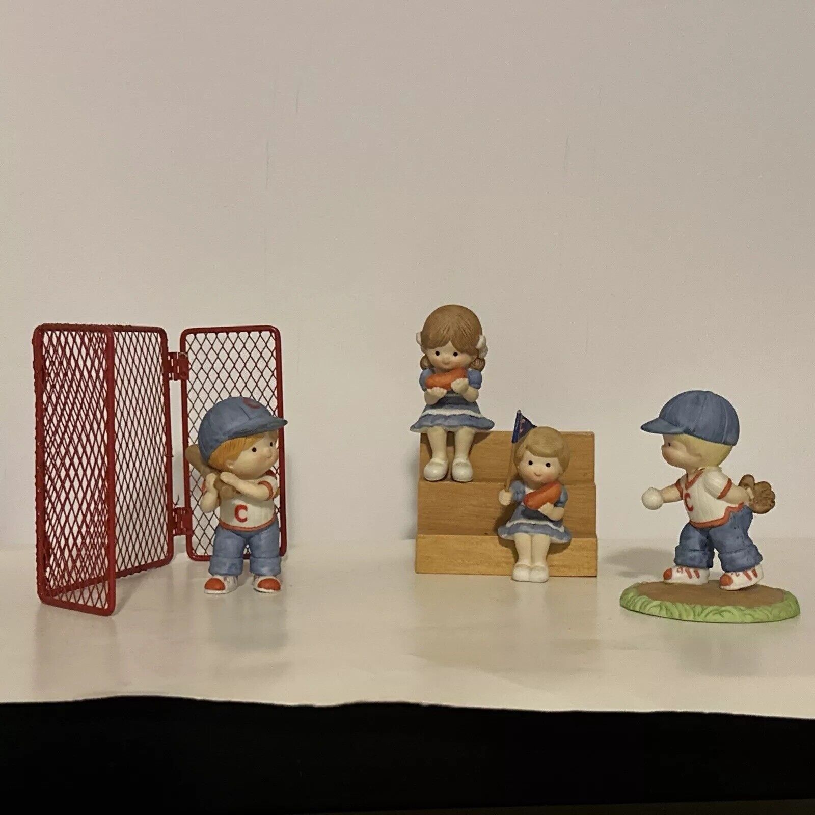 Enesco Country Cousins Baseball Set Of Figurines With Bleachers And Ball Guard