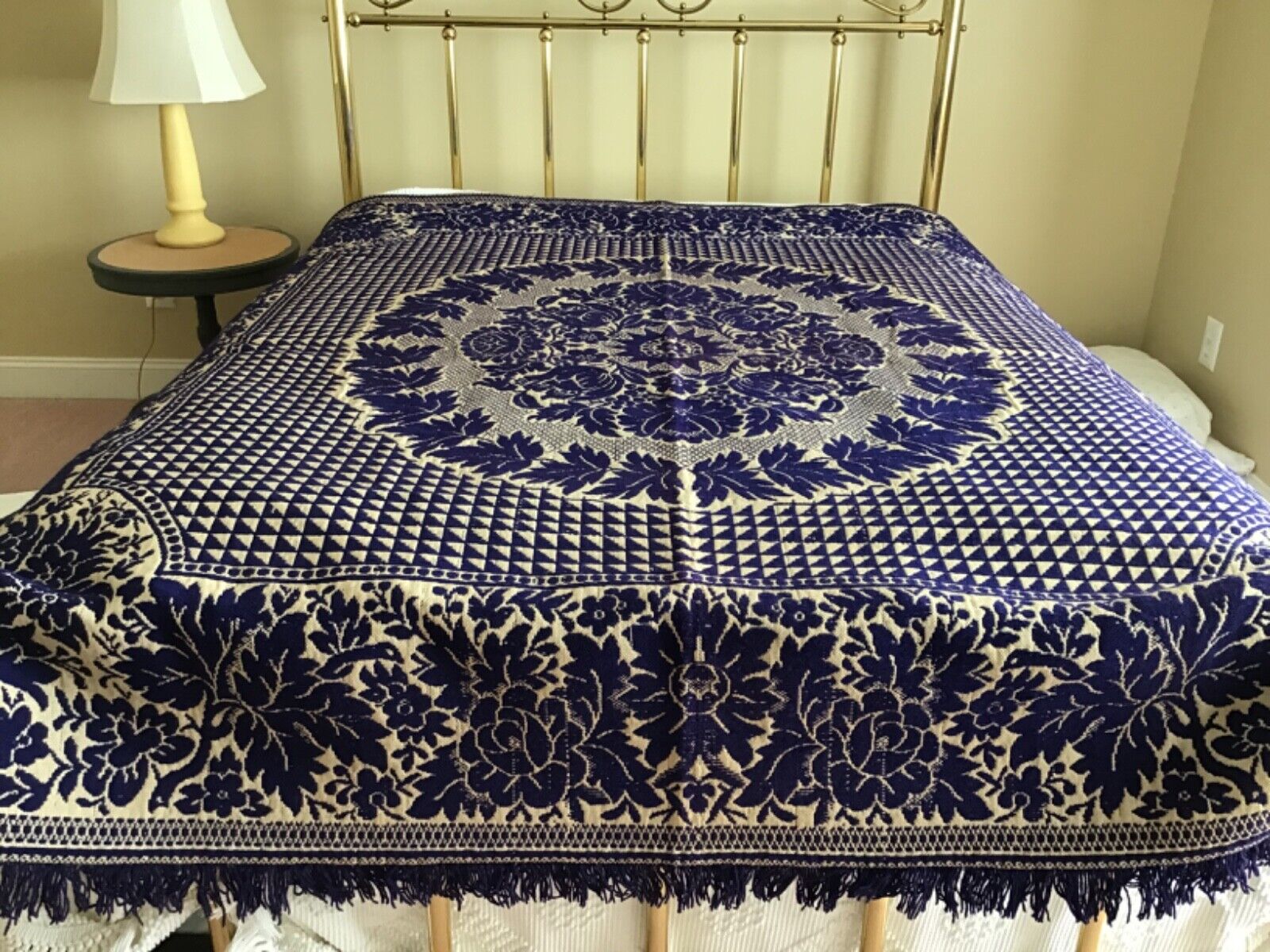 American 19th Century Woven Indigo Blue & Cream Jacquard Coverlet 76\