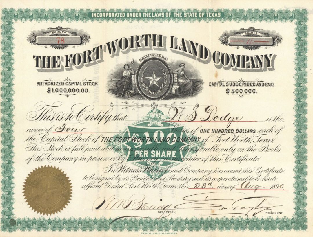 Fort Worth Land Co. - Stock Certificate - General Stocks