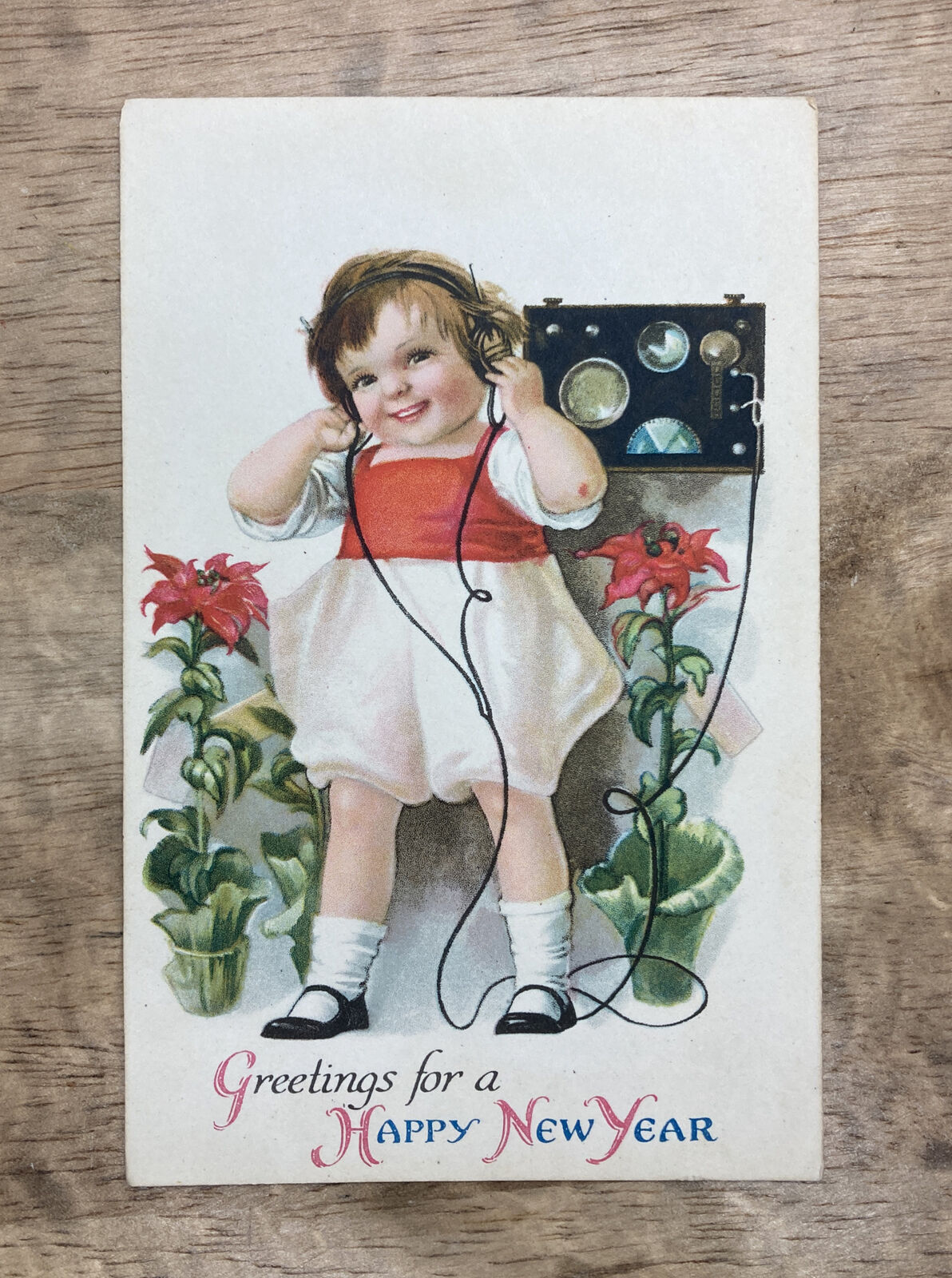 Vintage 1910's Wolf Publishing Christmas Postcard Cute Child Radio Headphones