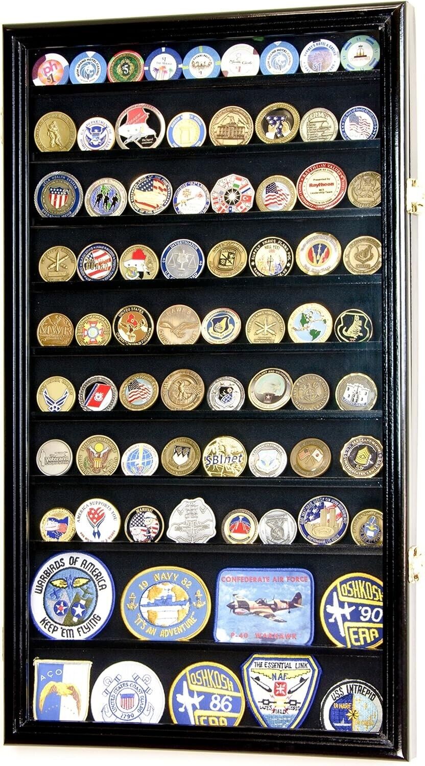 90 Challenge Coin Display Case Adjustable Black Military Cabinet Wood Shadow Box