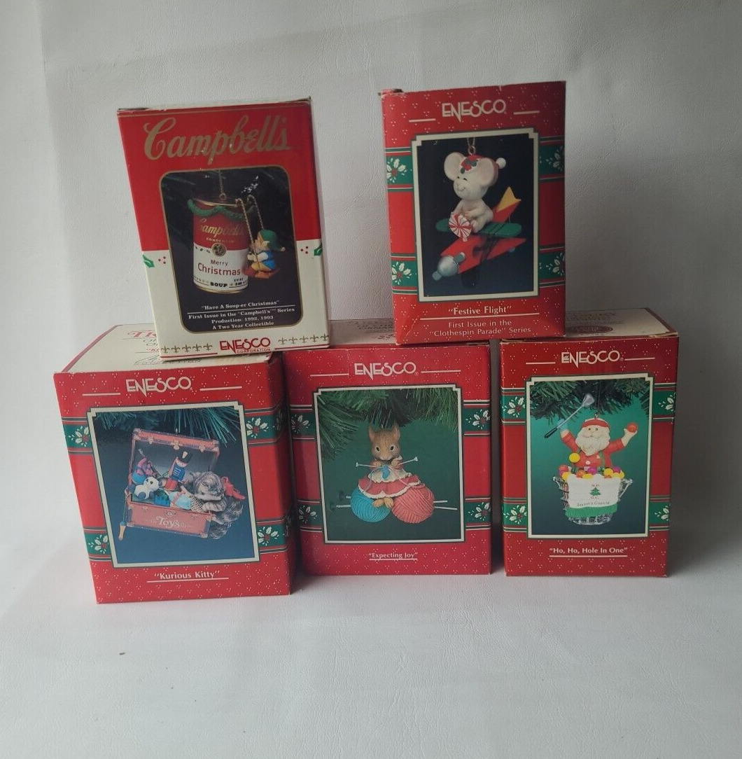 🚨 Lot of 5 Enesco Treasury Of Christmas 1990's Vintage Ornaments A Mistle-Tow