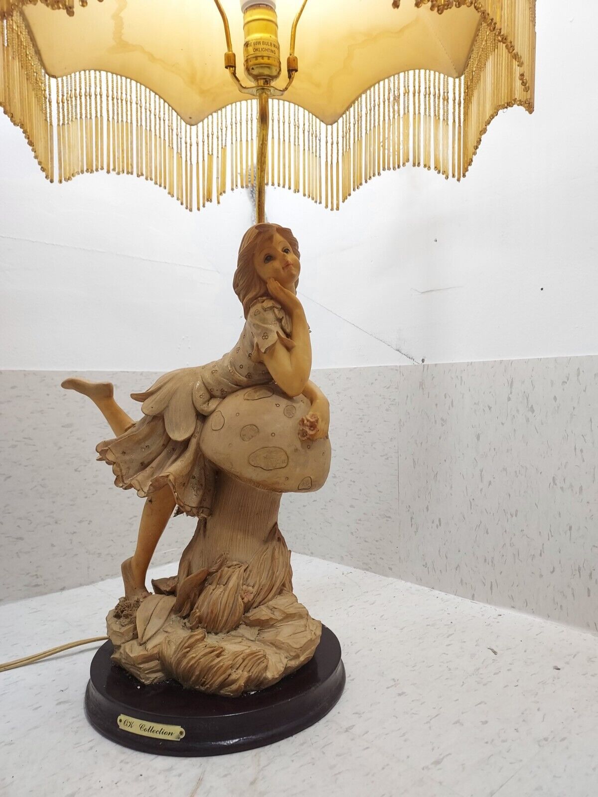 Large Ok Collection Resin Shaded Figural Lamp Girl On Mushroom Rare Vtg