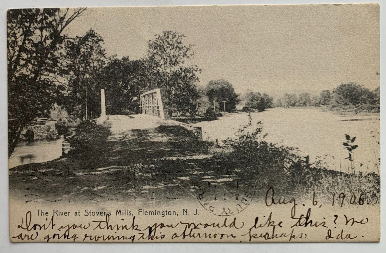 1906 NJ Postcard Flemington New Jersey River at Stover's Mills bridge Hunterdon