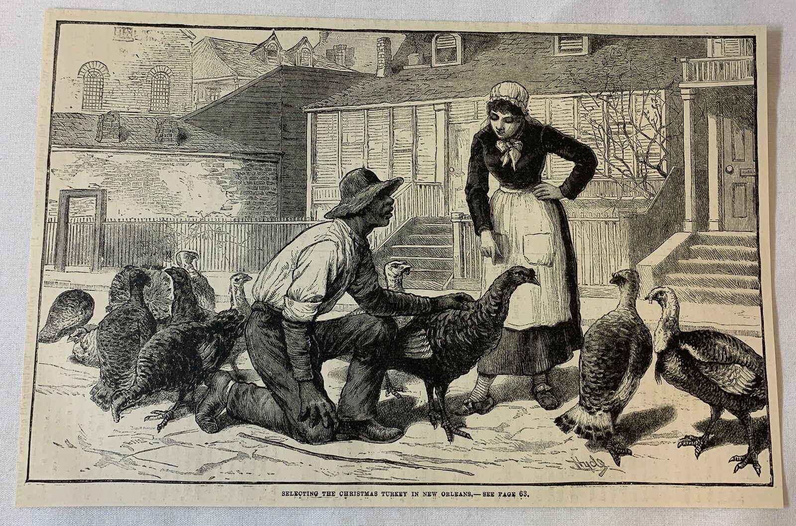 1887 magazine engraving~ SELECTING CHRISTMAS TURKEY IN NEW ORLEANS