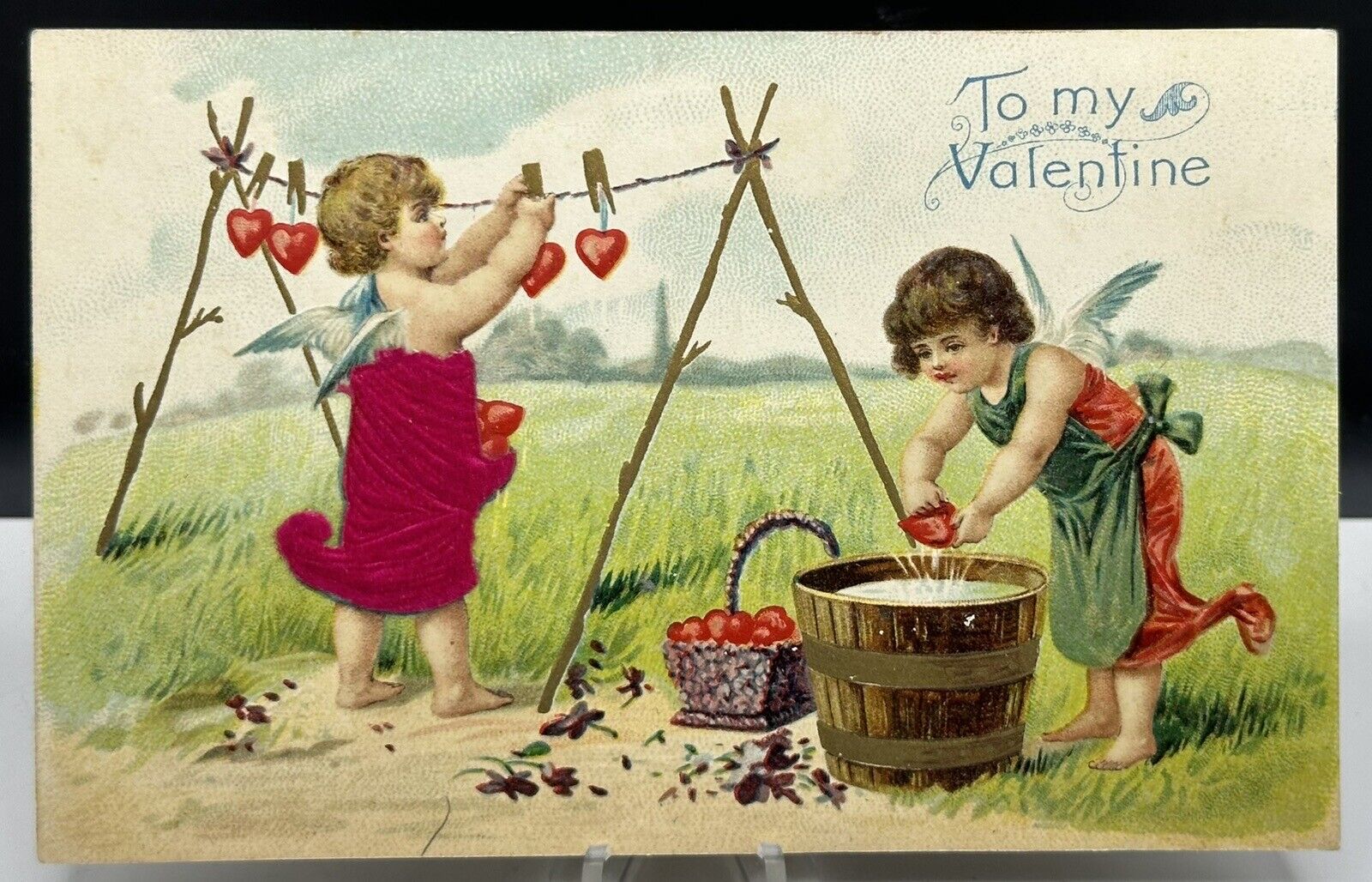Antique 1915 To My Valentine Postcard Angles Washing Hearts
