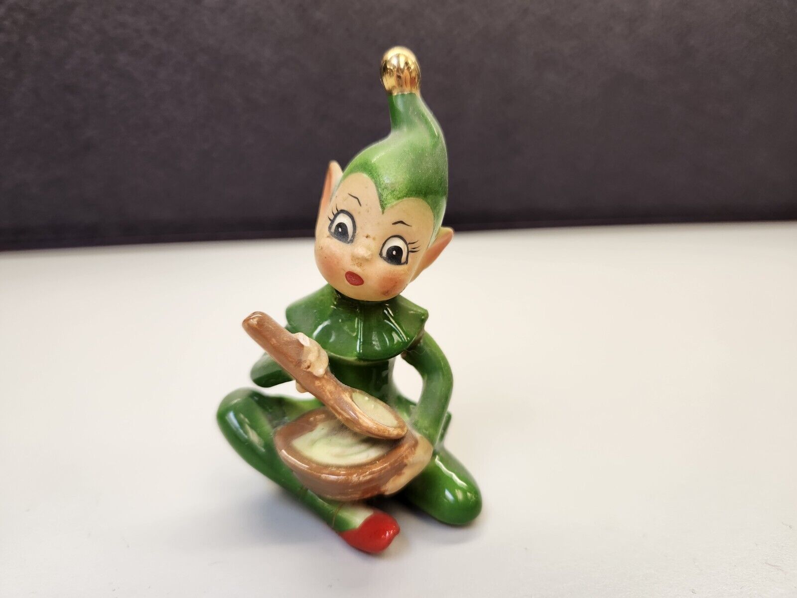 Vintage Josef Originals Elf Mixing Bowl And Spoon Green Japan