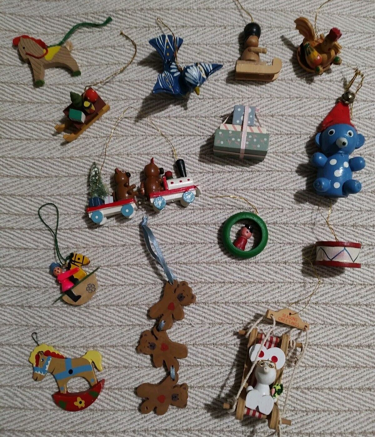 Vintage Lot of {14} Christmas Ornaments Drum, Horse, Bird, Bear, Sleigh