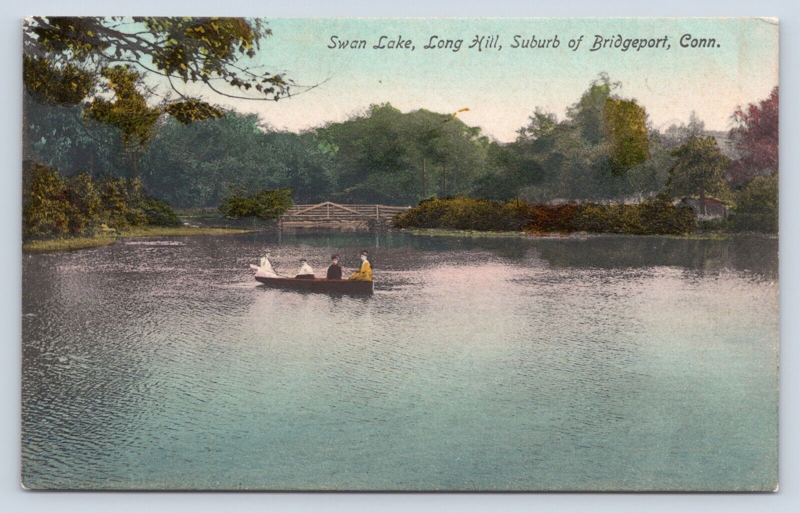 Swan Lake Long Hill Suburb Bridgeport Conn. CT Hand Colored 1908 Canoe Postcard