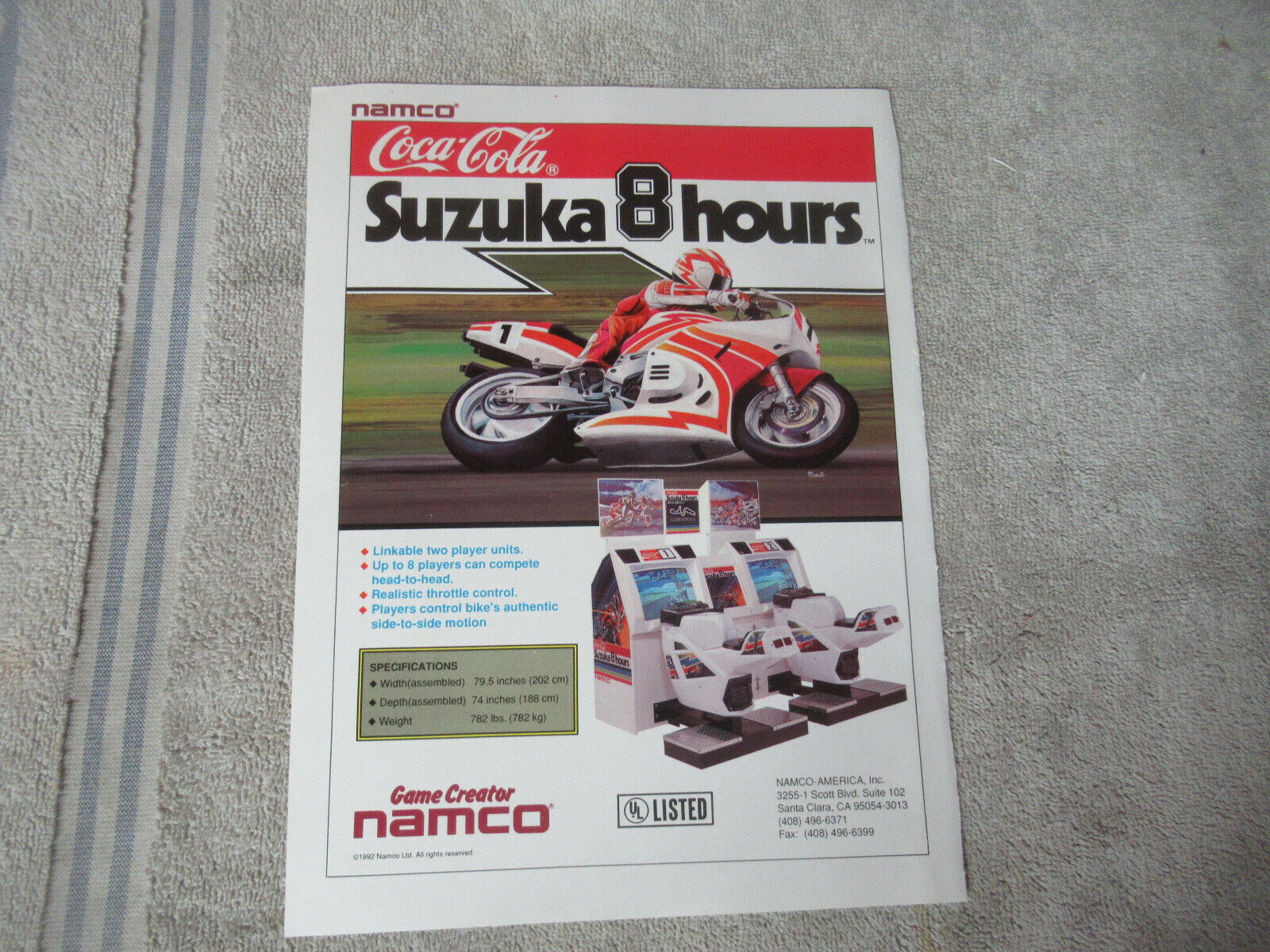 Original 1992  11 - 8\'\' suzuka 8 hours namco coca cola ARCADE GAME FLYER