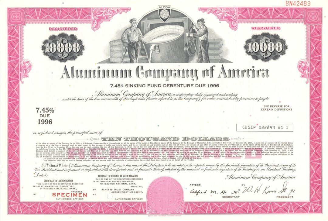 Aluminum Company of America - 1990\'s $10,000 or $1,000 Specimen Bond - Specimen 