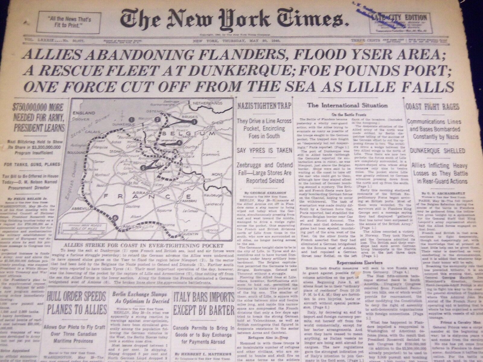 1940 MAY 30 NEW YORK TIMES - ALLIES ABANDON FLANDERS, FLOOD YSER AREA - NT 2747