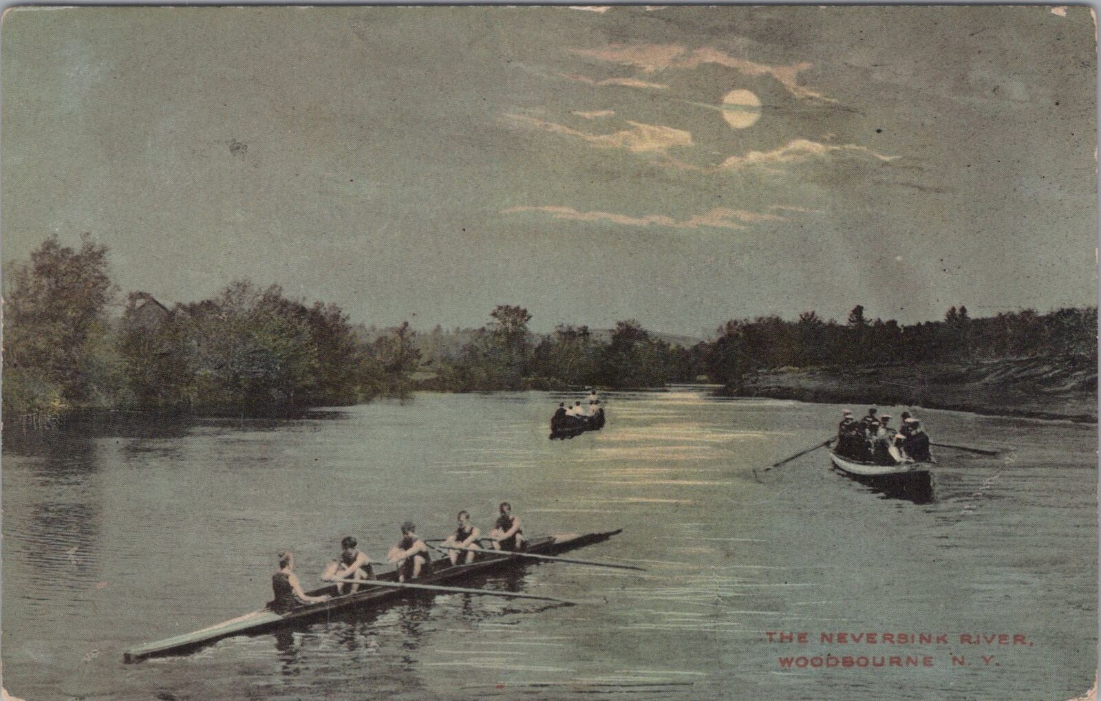 Rowing on Neversink River Boats, Woodbourne New York 1910s Postcard