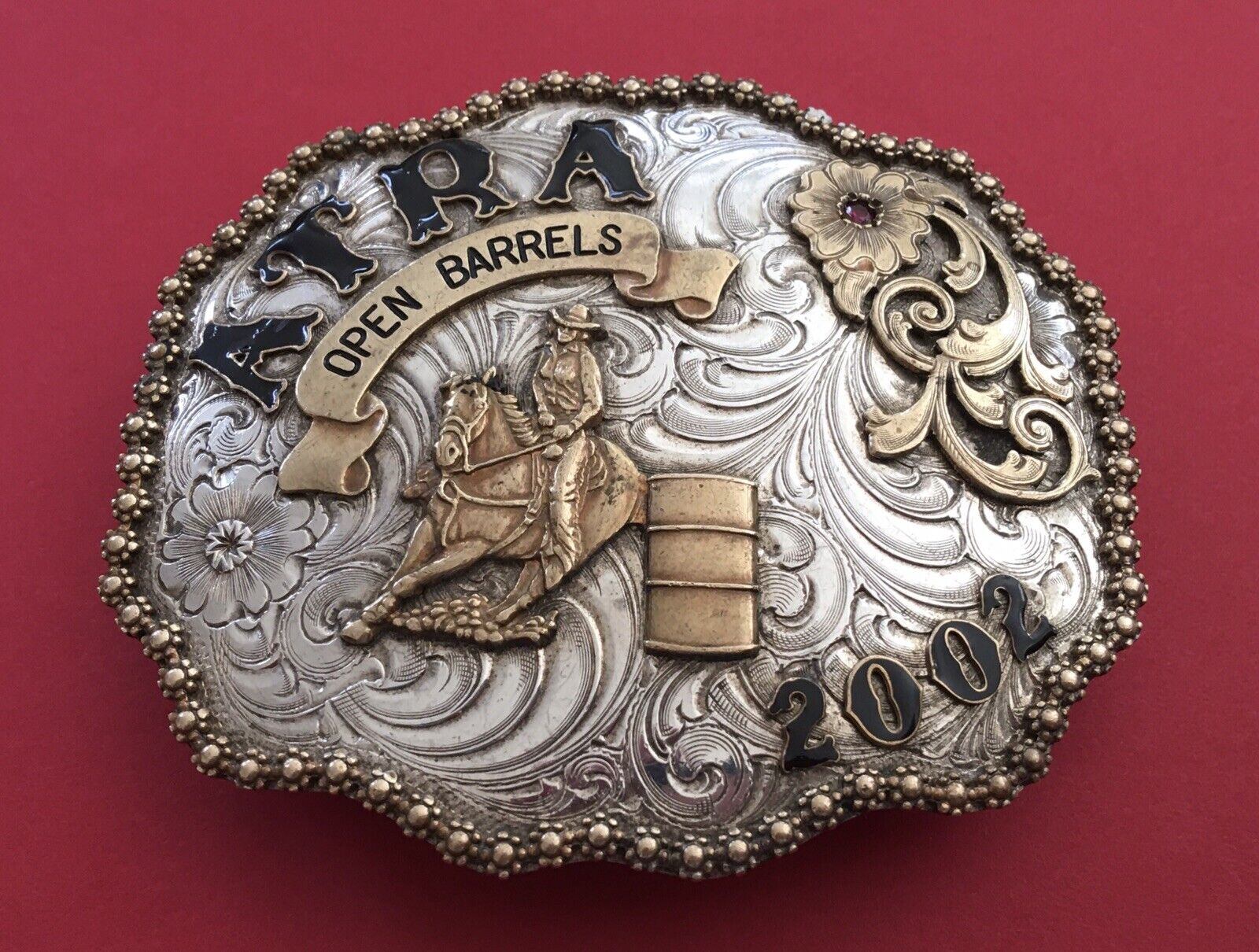 Vintage 2002 ATRA Rodeo Barrels Wages Sterling Silver OL Gem Trophy Belt Buckle