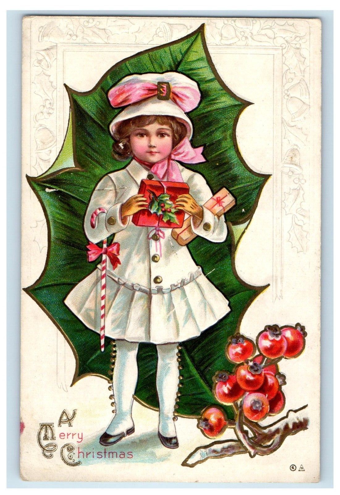 c1910's Merry Christmas Girl Dress up Big Leaf Gifts Embossed Antique Postcard
