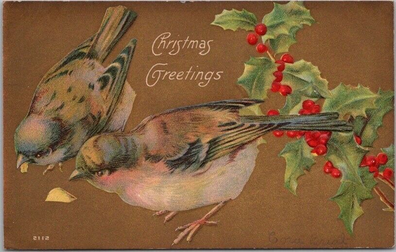 Vintage 1910s CHRISTMAS GREETINGS Embossed Postcard Birds / Holly