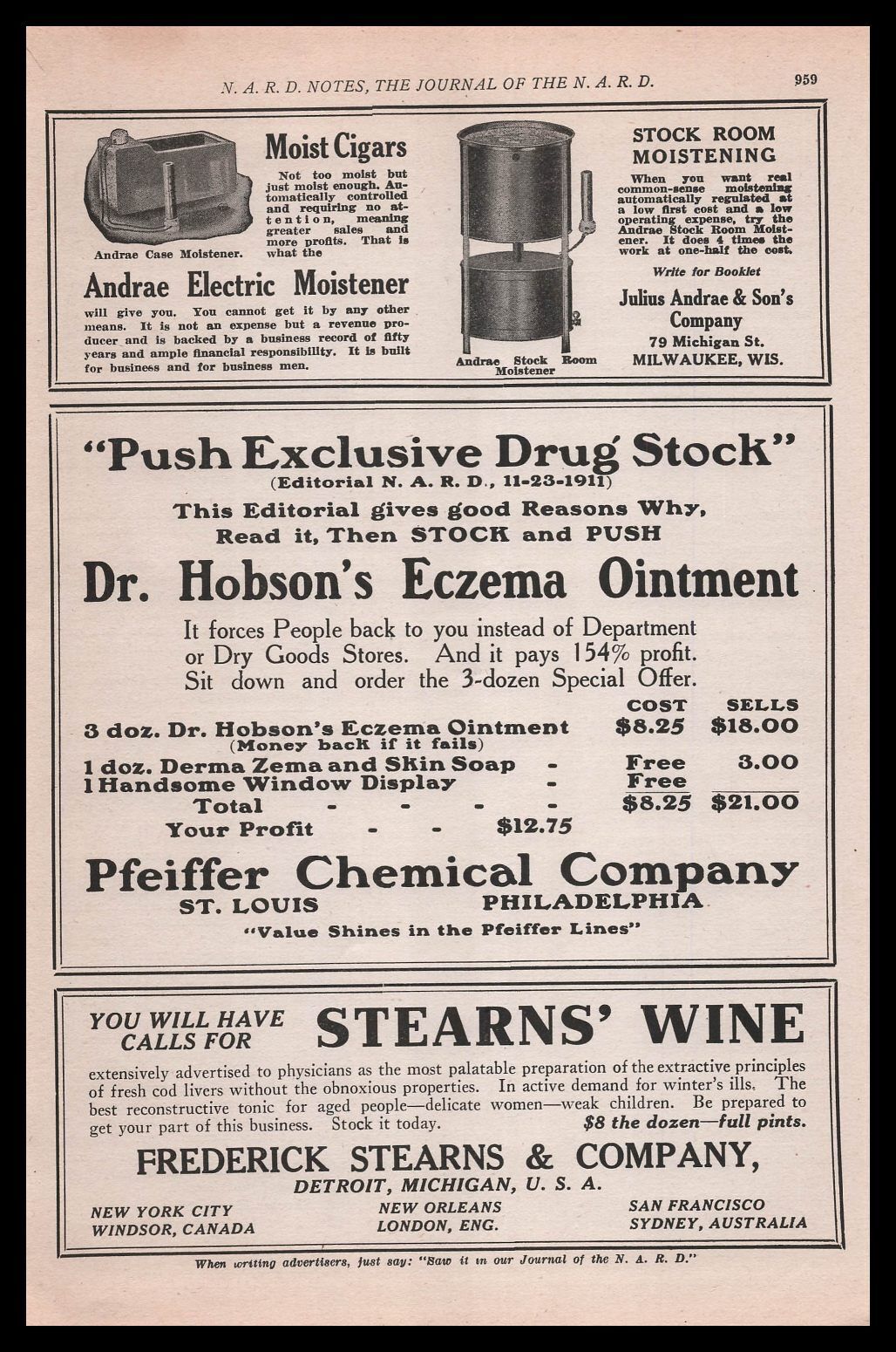 1912 Julius Andrae & Son Milwaukee Wisconsin Cigar Stock Room Moistener Print Ad