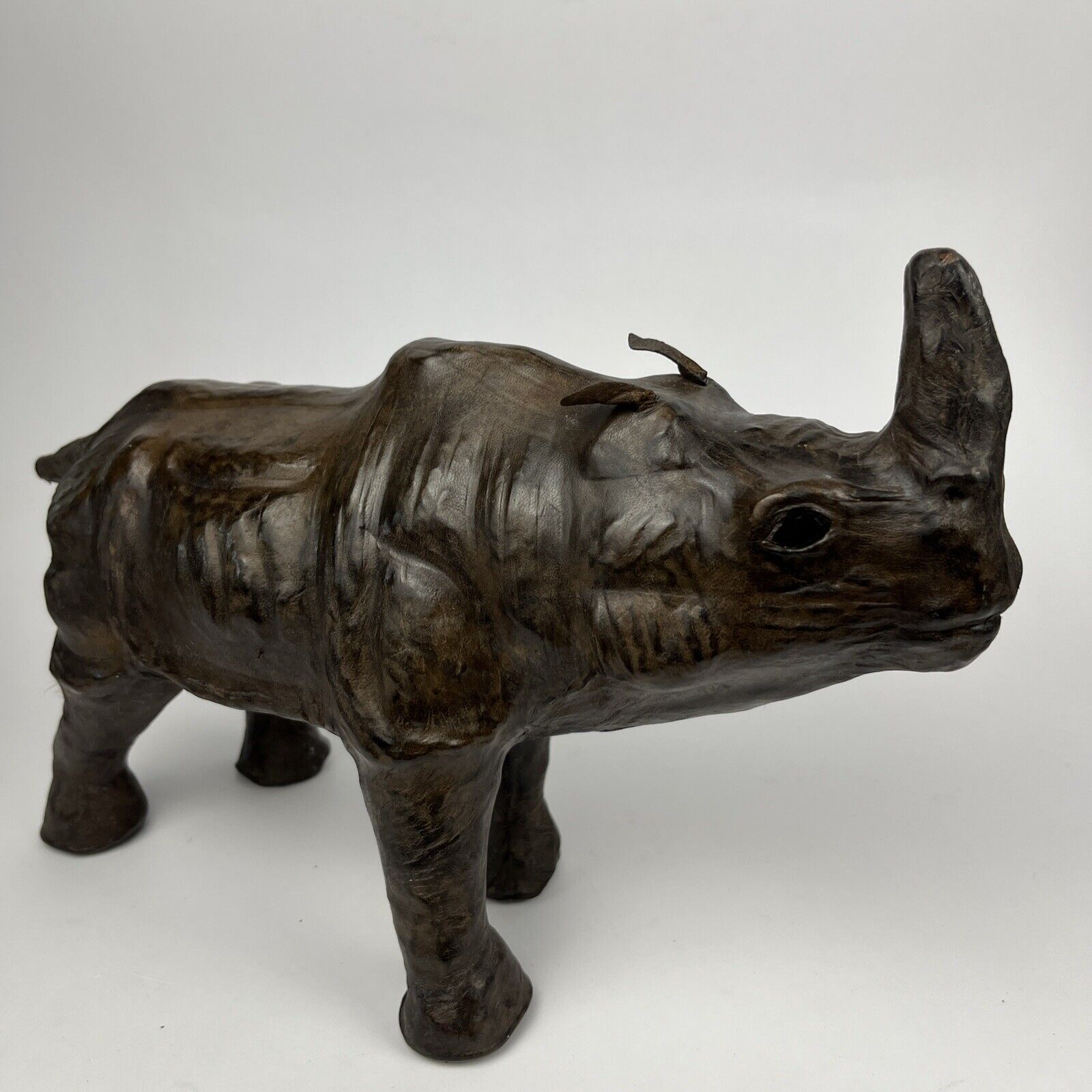 Vintage Leather Rhinoceros Glass Eyes 8x13” Safari Zoo Animals Decor