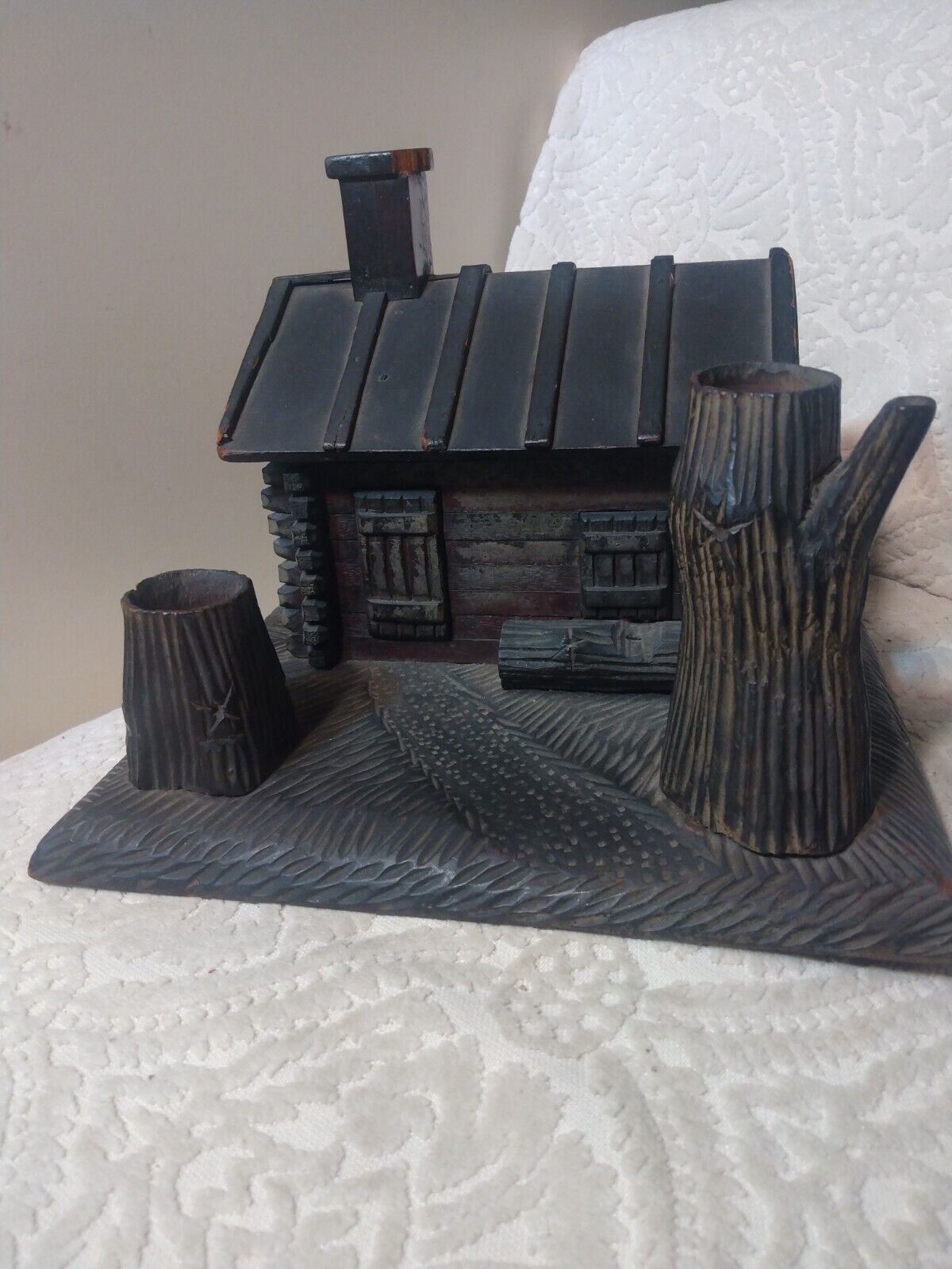 Antique Black Forest Log Cabin Wood Humidor Fine Carving Early Dark Example LOOK