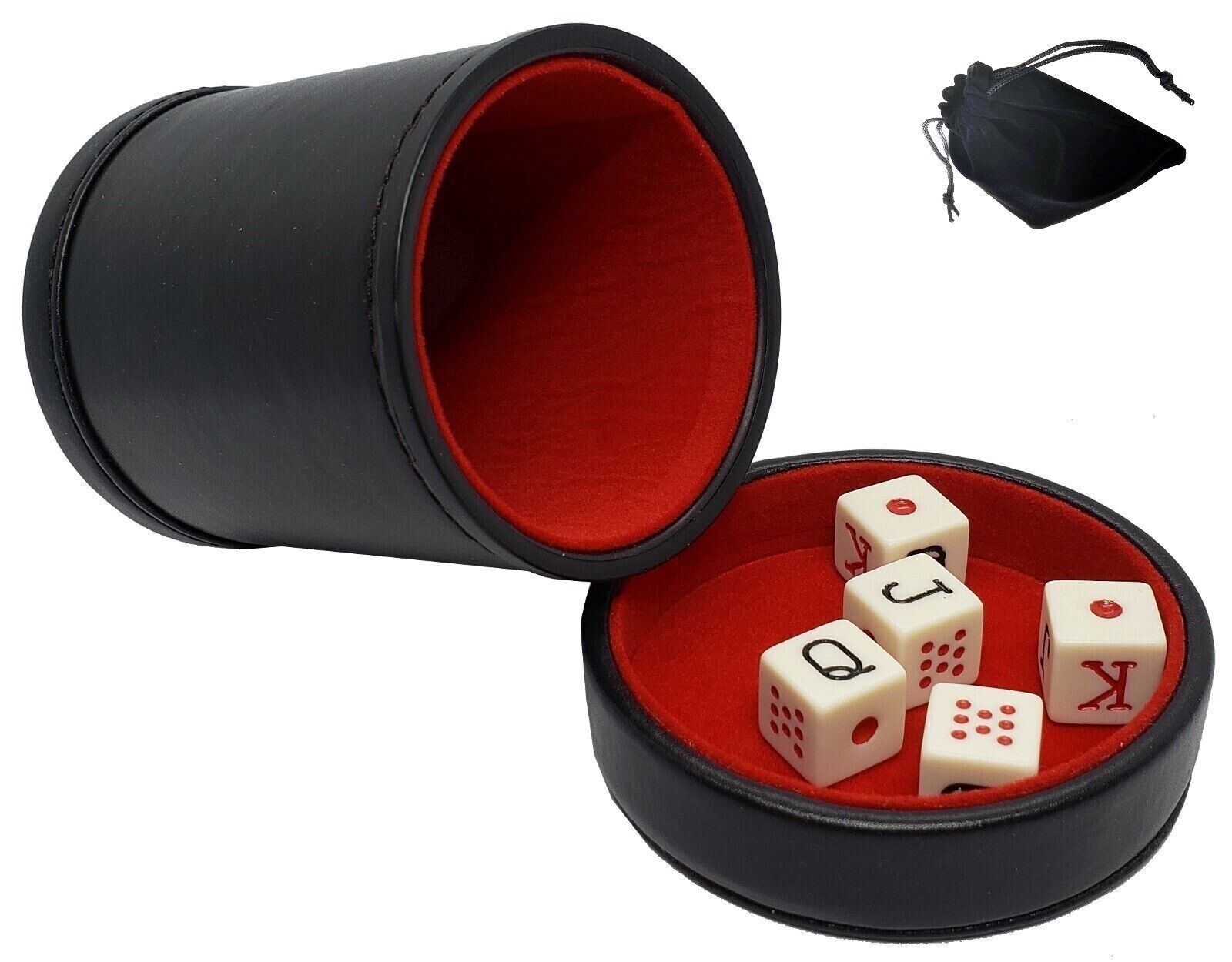 FLASH DEAL Spanish Poker Dice Ivory Tone + PU Leather Red Felt Lined Cup w/Lid