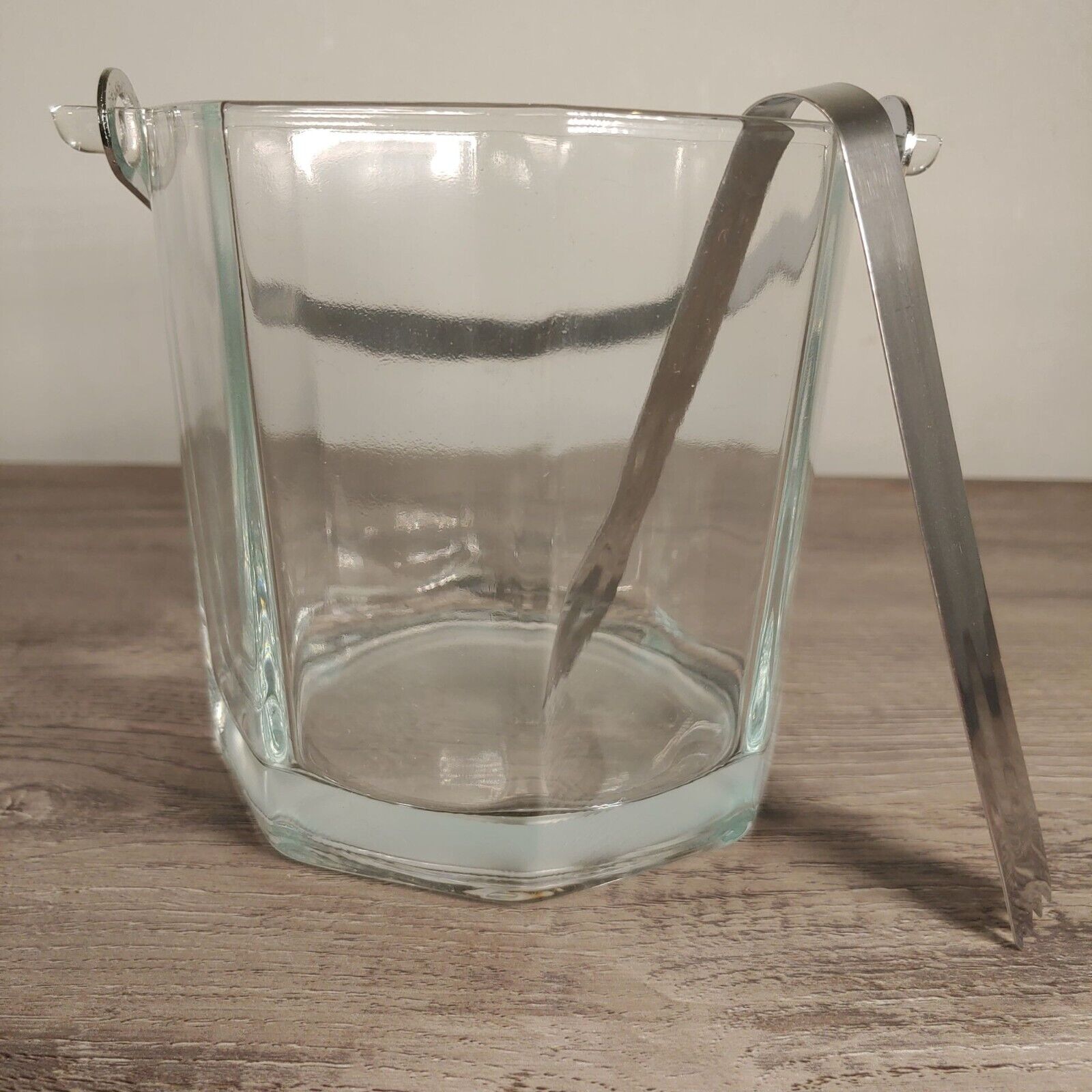 Vintage Glass Ice Bucket With Metal Handle & Tongs