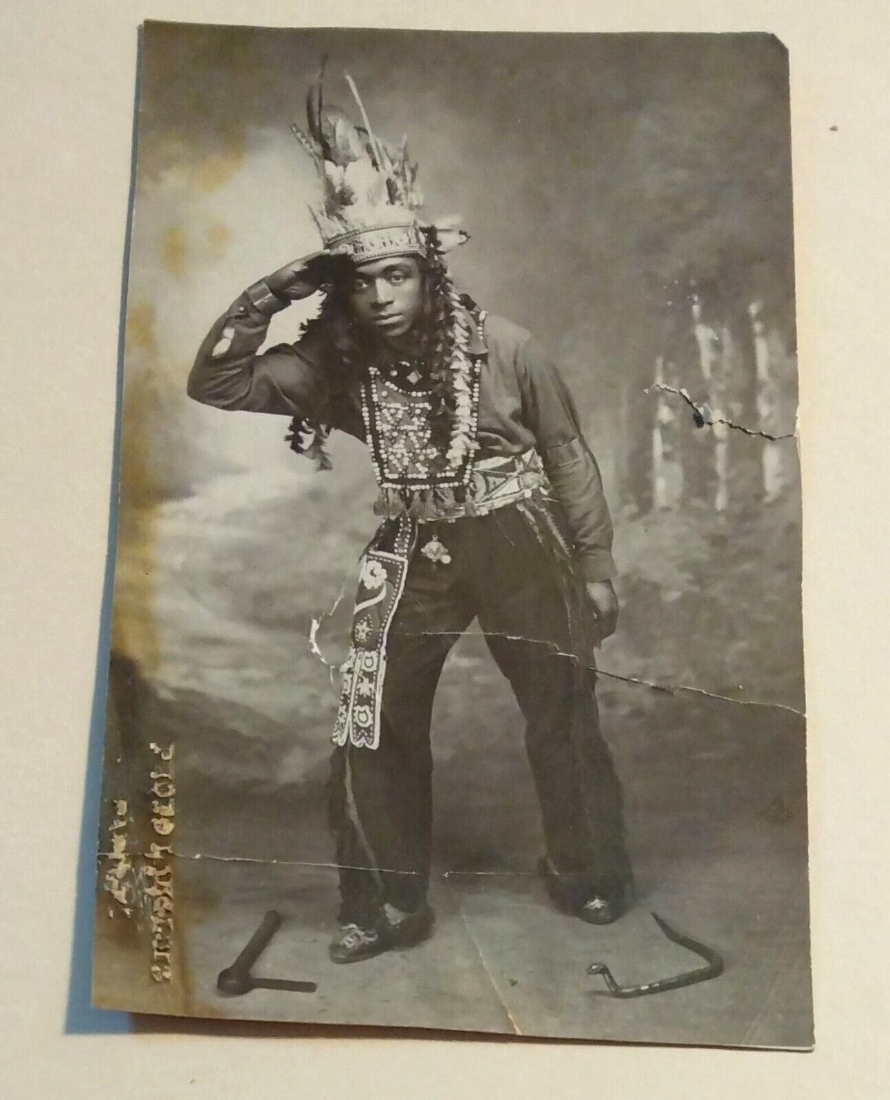 Old Real Photo Post Card ~ Black Man Dressed as Native American - Studio Photo