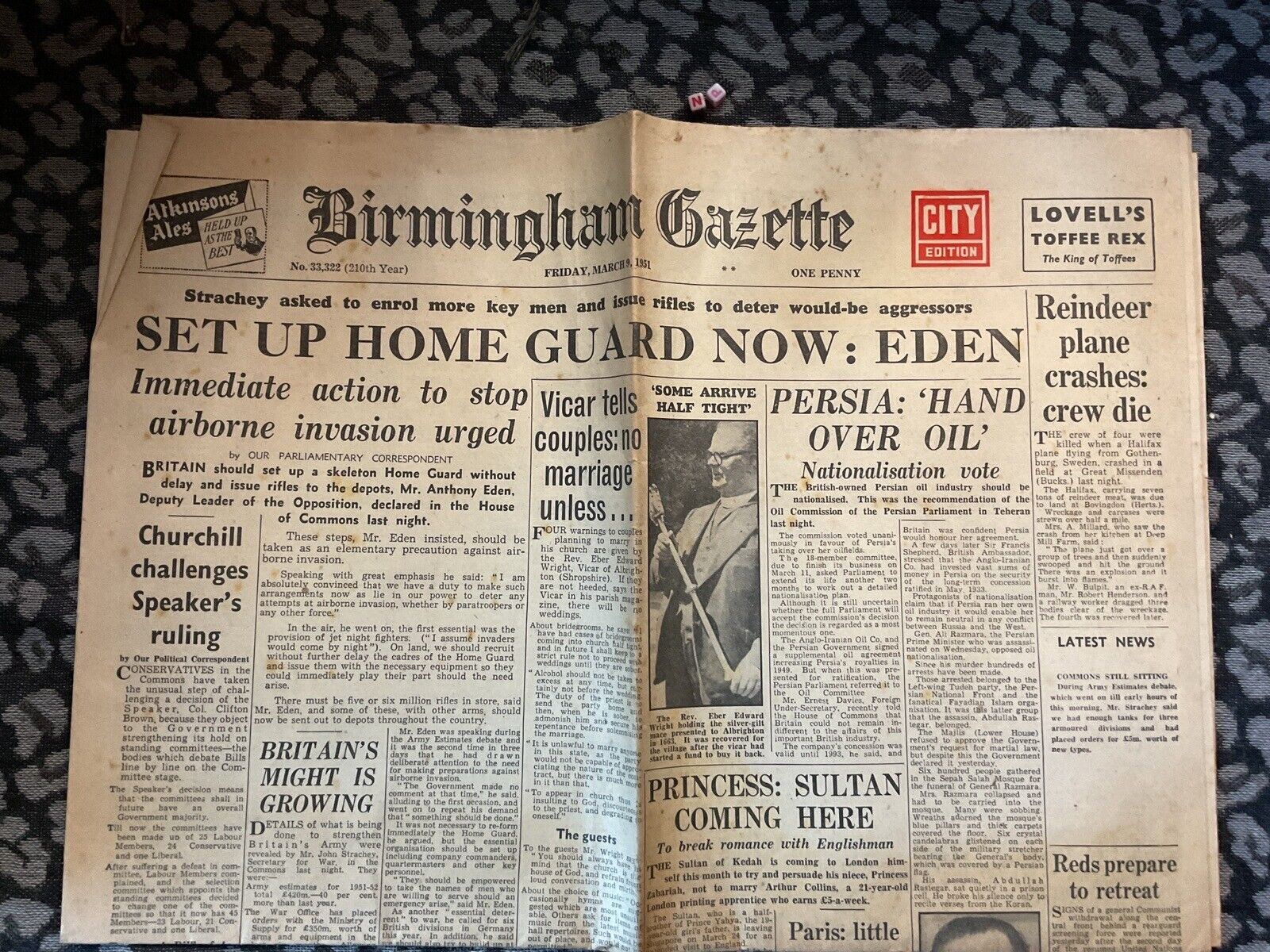 1951 Historical Newspaper , Birmingham Gazette , Anthony Eden Home Guard  , RARE