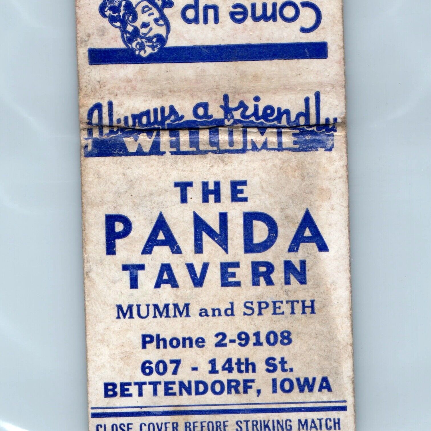 c1940s Bettendorf, Iowa Panda Tavern Matchbook Cover Bar Pub Beer IA Pinup C18