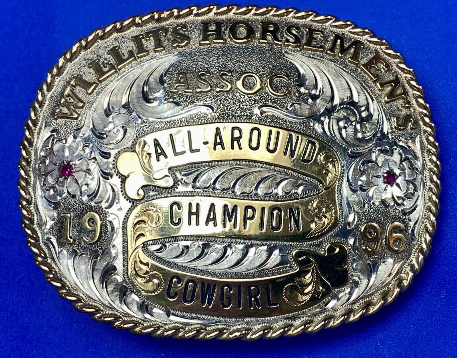 All Around Champion Cowgirl Willits Horsemen\'s Assoc 96 Trophy belt buckle by Gj