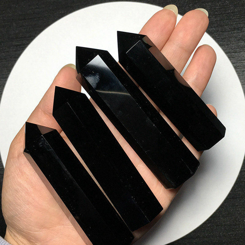 9-10cm Natural Black Obsidian Hexagonal Quartz Crystal Wand Obelisk Stone Reiki