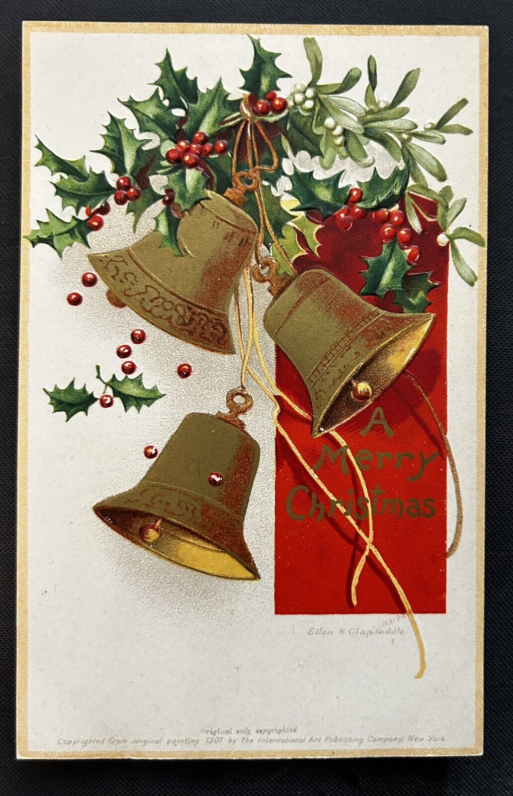 Antique 1907 Ellen H Clapsaddle Embossed Christmas Bell Postcard Unused
