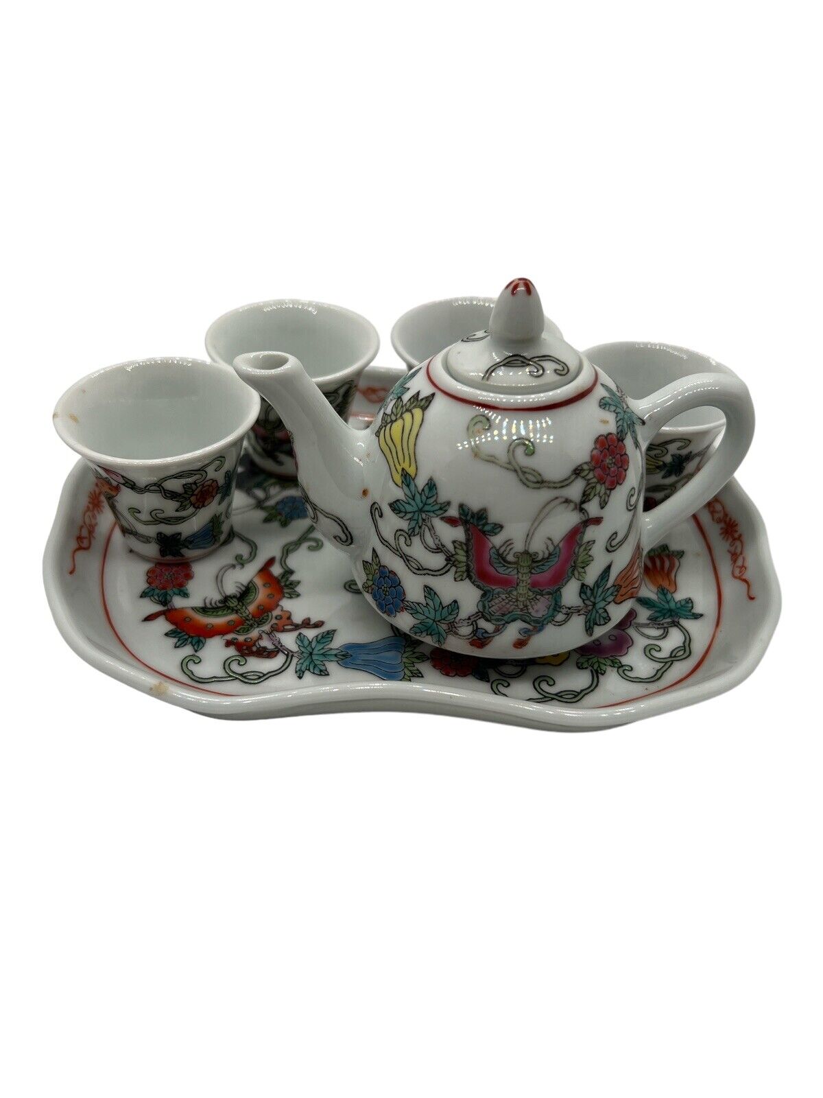 Vintage Mini Asian Tea Set 7 Piece- Raised Decoration- Famille Rose (?)