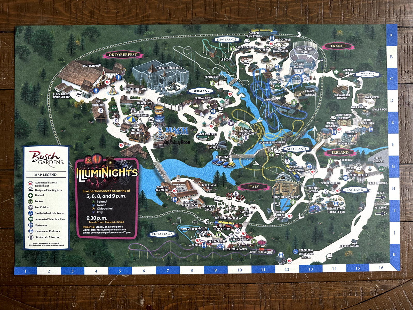 2011 Busch Gardens Williamsburg Theme Park Map / Poster 11x16 (Illuminights)