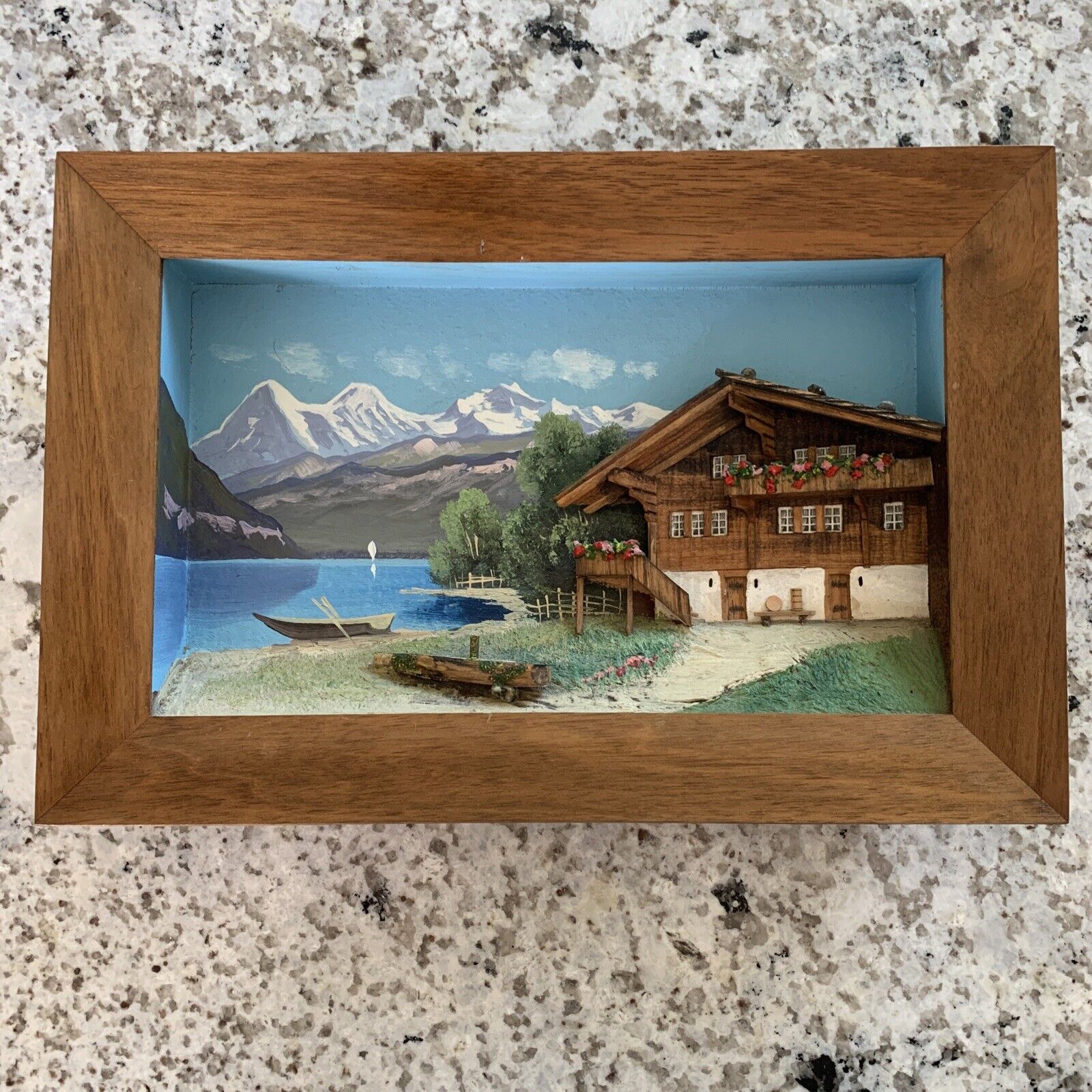 Vintage Huggler and Company Interlaken Shadow Box Switzerland cabin lake chalet