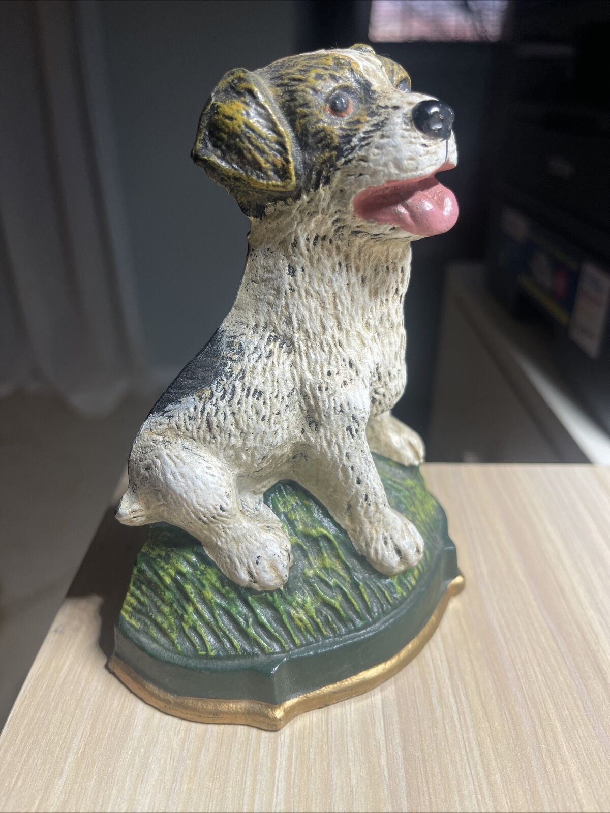 Vintage Cast Iron Doorstop Bookend Sitting Pup Dog 5” White Brown Green Gold