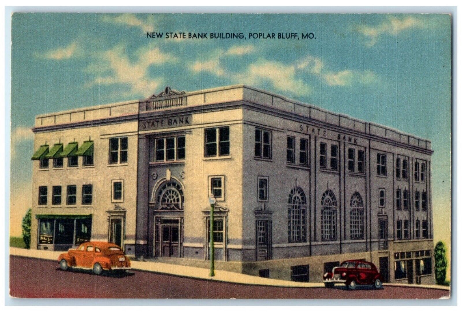 c1940 New State Bank Building Exterior Street Popular Bluff Missouri MO Postcard