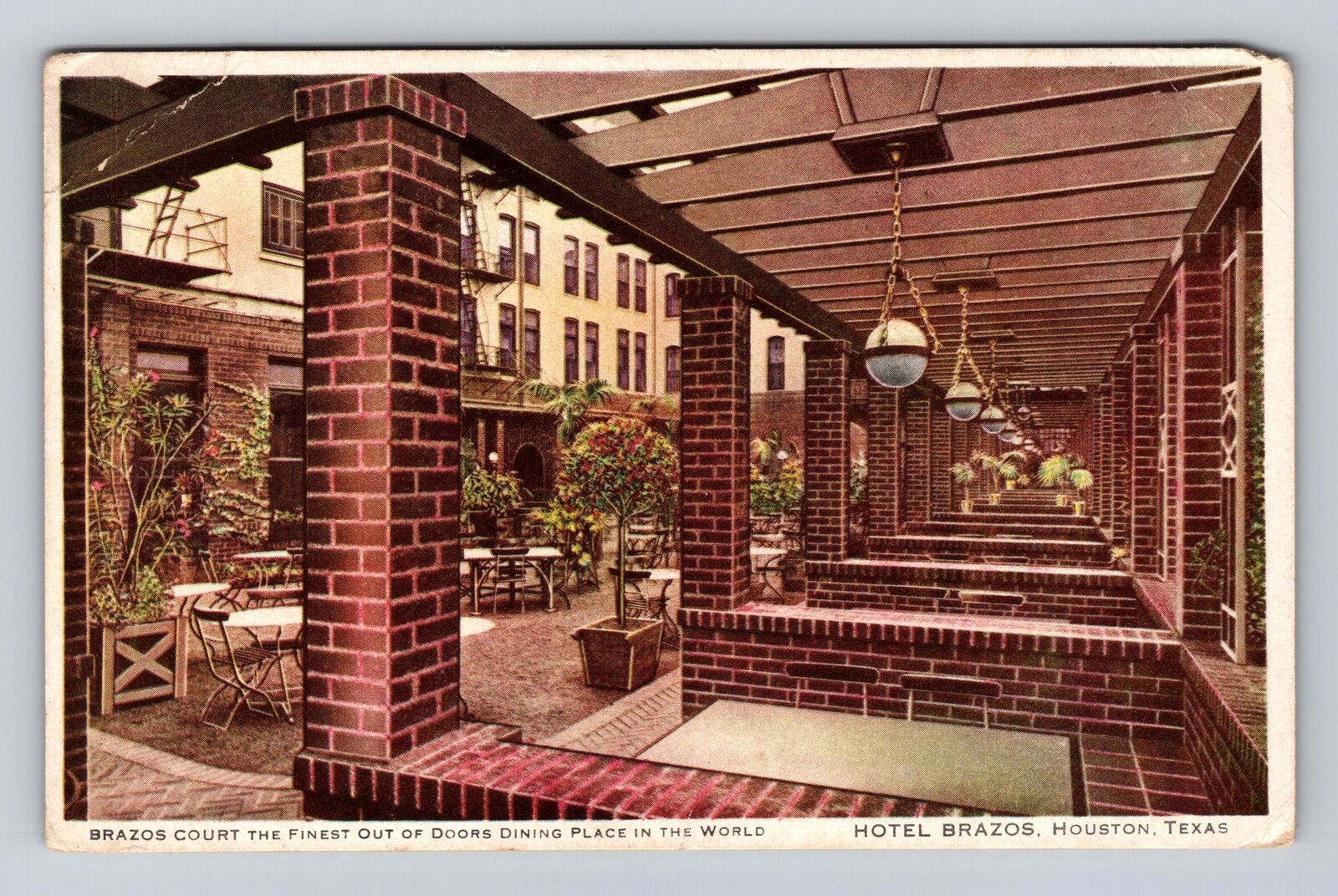 Houston TX-Texas, Hotel Brazos Courtyard, Advertising, Vintage Souvenir Postcard