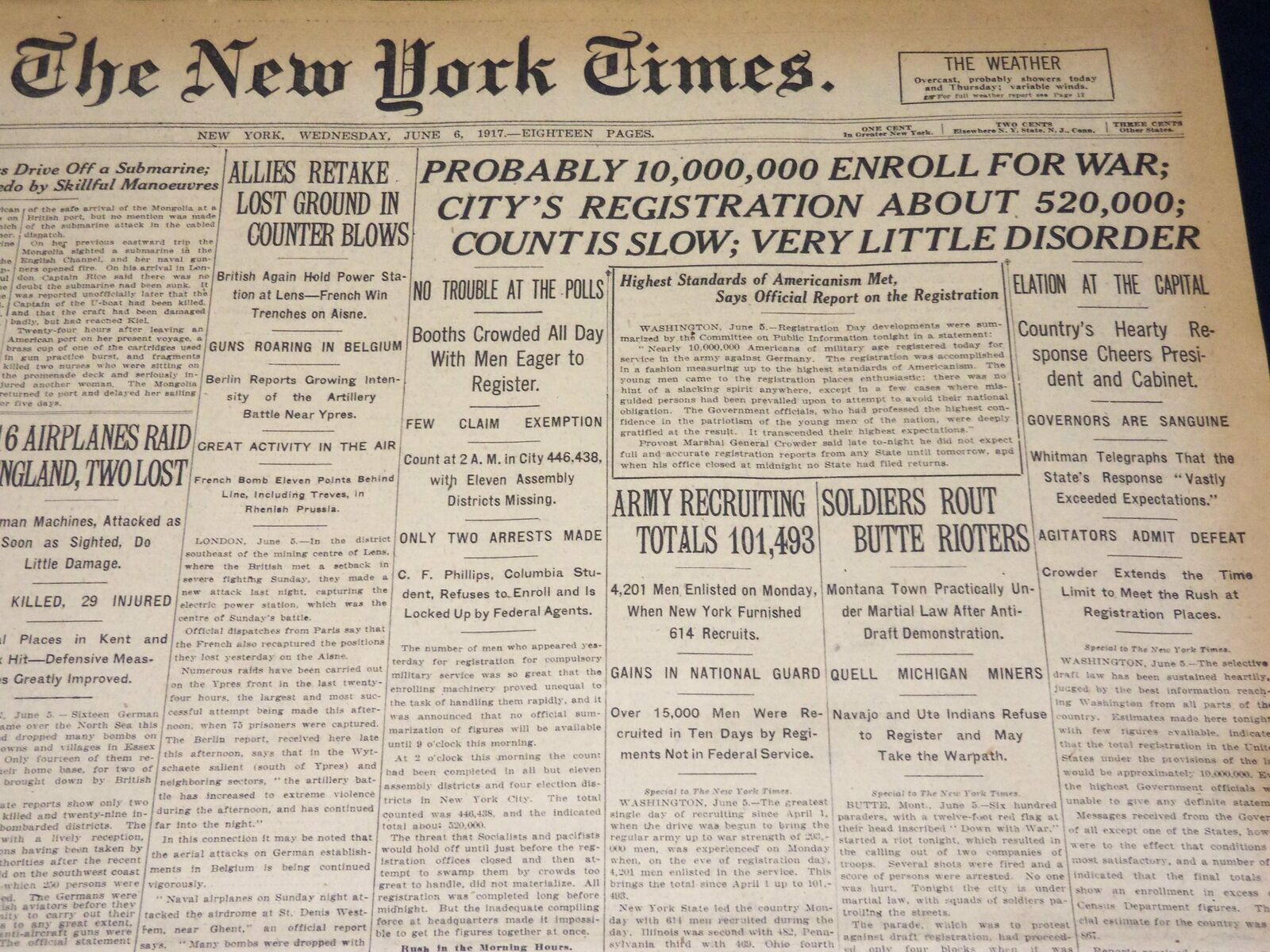 1917 JUNE 6 NEW YORK TIMES NEWSPAPER - 10,000,000 ENROLL FOR WAR - NT 7787