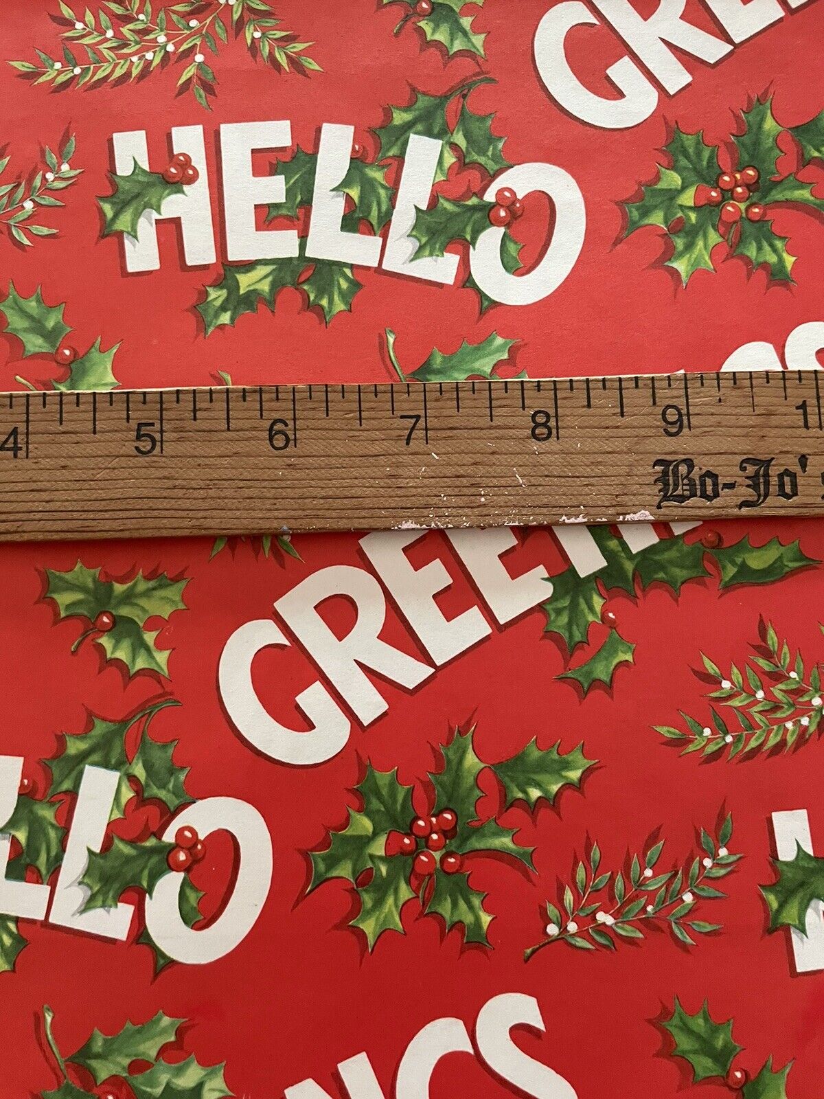 VTG CHRISTMAS WRAPPING PAPER GIFT WRAP NOS HELLO GREETINGS HOLLY ON RED 1950