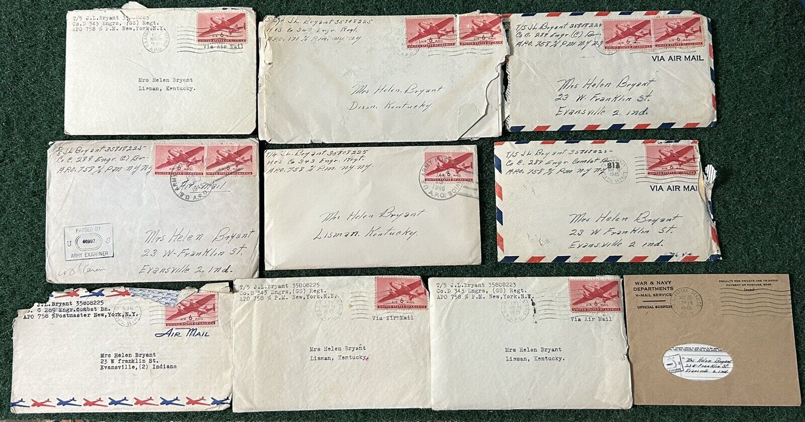 (10) World War 2 Era 1945 vintage letters home, Girlfriend, Wife, ❤️ V-mail Army