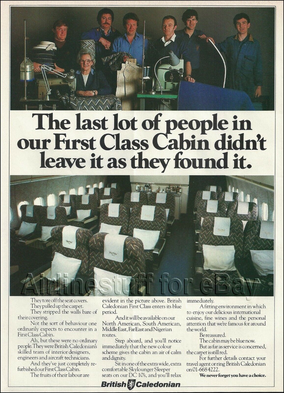 1983 BRITISH CALEDONIAN ad DC10 FIRST CLASS CABIN airlines airways advert LONDON