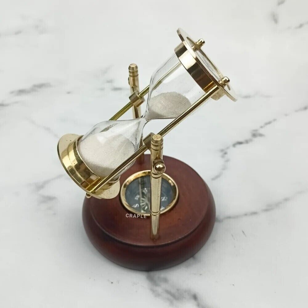Sand Hourglass Compass Brass Timer Wood Base Gift Rotating Nautical Top Antique