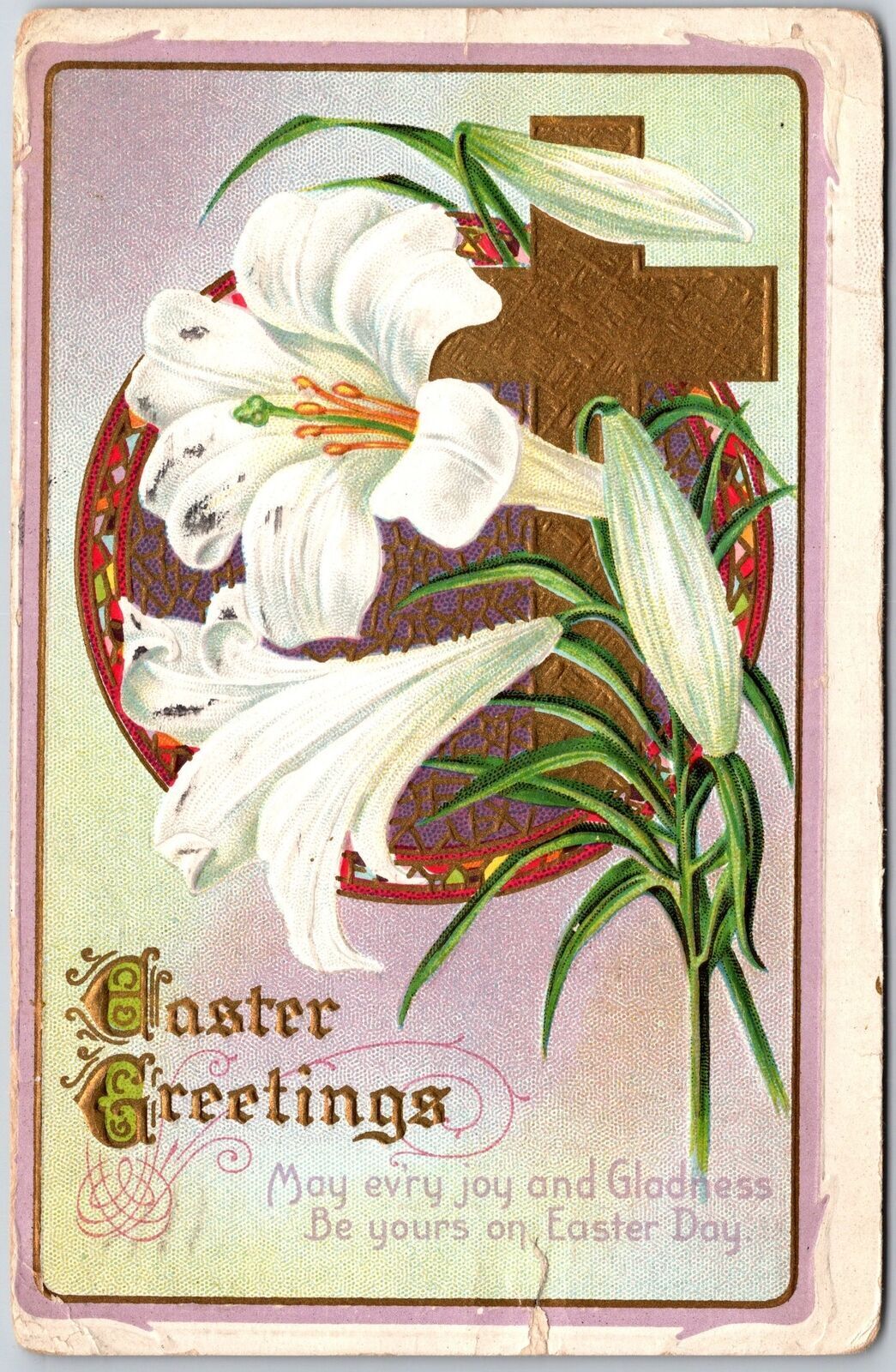 1916 Easter Greetings Flower Crucifix Wishes Card Posted Postcard
