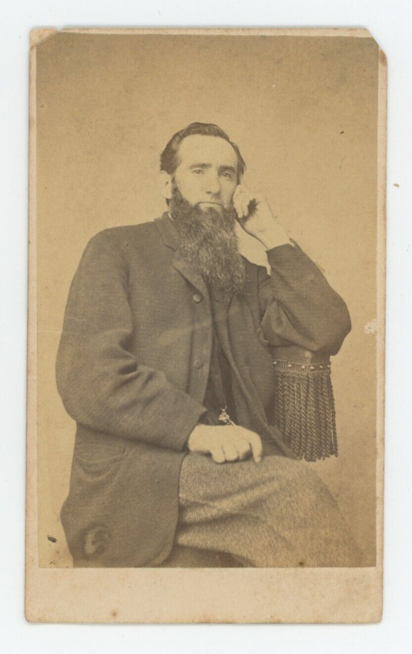 Antique CDV Circa 1860s Stoic Man With Long Beard Reclining Pose Pittsburgh, PA