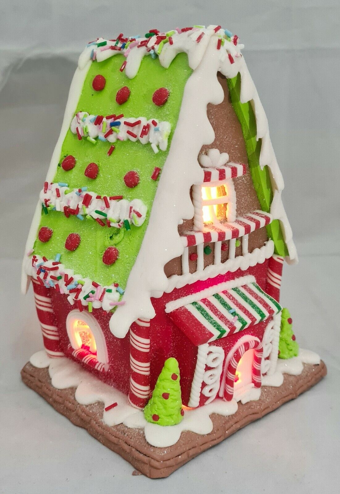 Gingerbread House Candy Stripe Green Red LED Light Up Claydough 7