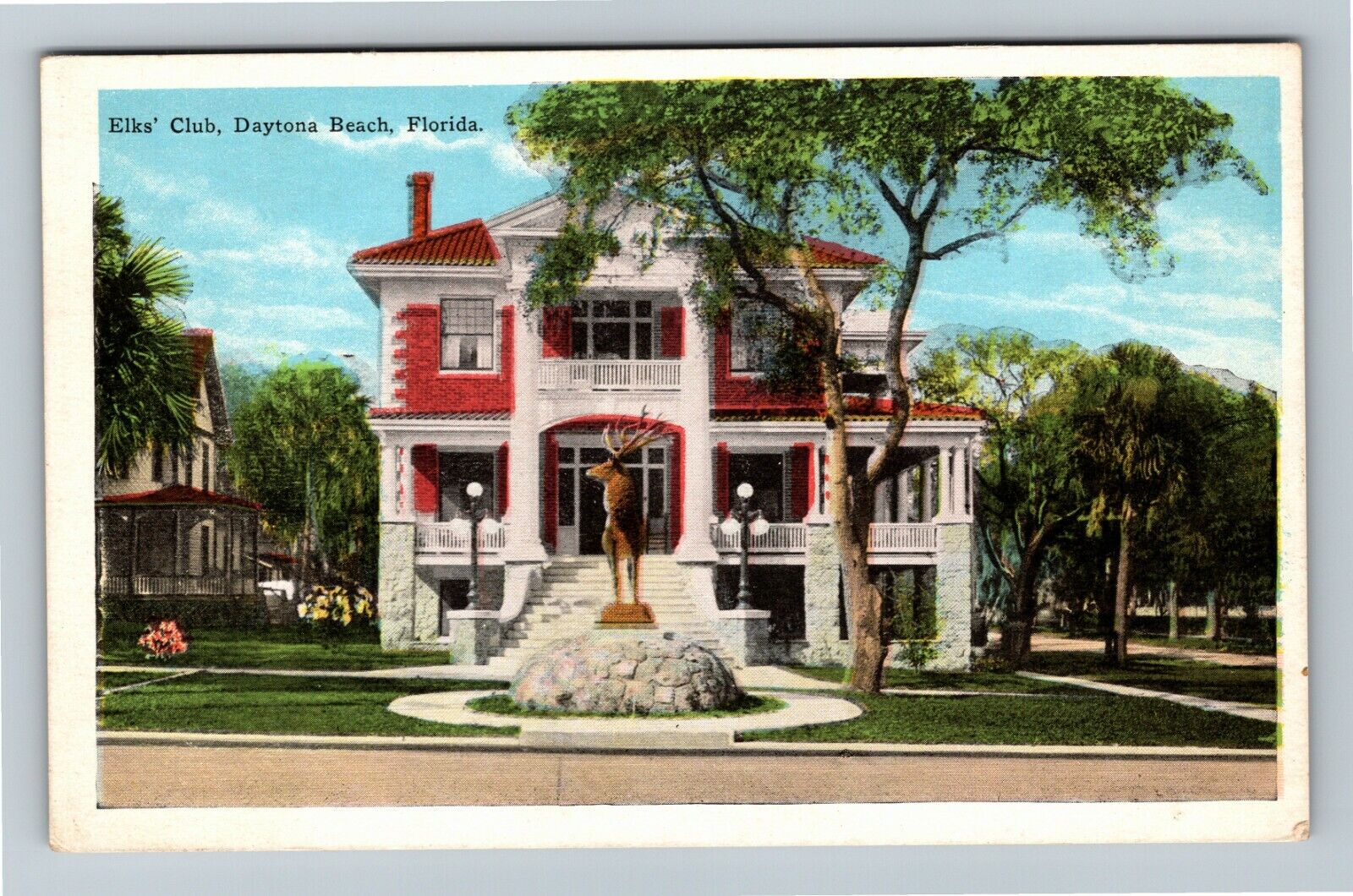 Daytona Beach FL-Florida, Elk\'s Club, Elk Statue, Street View Vintage Postcard