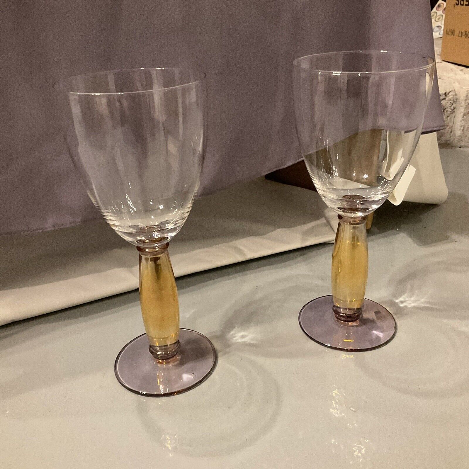 ***Only Set**of 2 Neiman Marcus Water Wine Goblets Amber Air Twist Stem