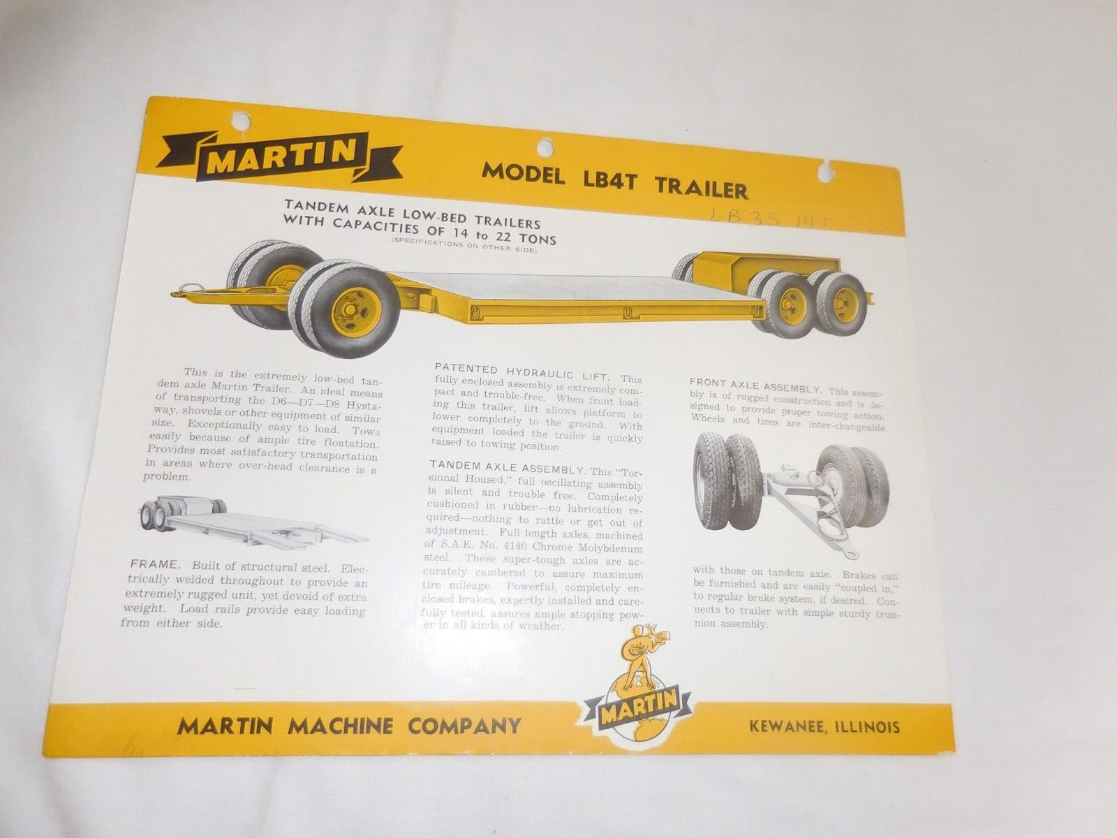 1948 MARTIN MODEL LB4T TANDEM AXLE LOW-BED TRAILER SALES BROCHURE