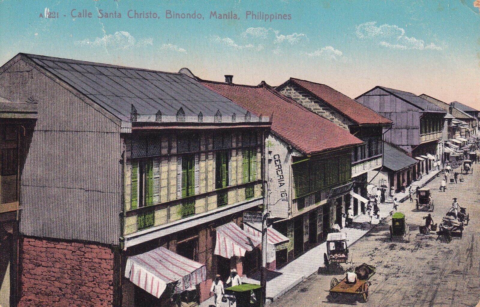 Postcard Philippines Manila Binondo Calle Santo Christo c.1920s Street Scene E38