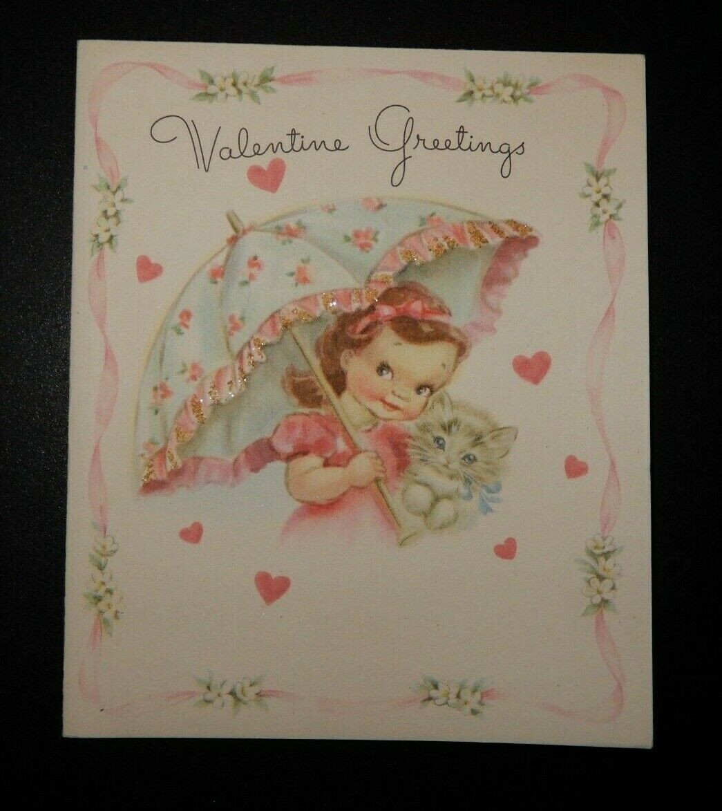 Vintage Unused 1946 Rust Craft Valentine Greeting Card Girl With Kitten
